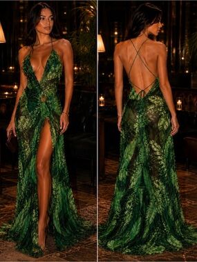Green Leaf-Print Strappy Evening Gown